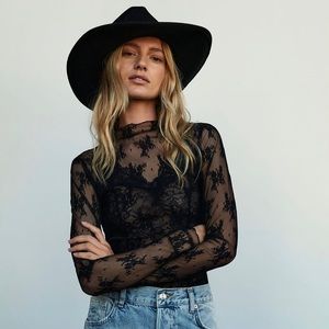 Free People Lady Lux Lace Layering Top - Black, Size L